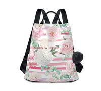 Sac à dos rose pastel pivoines blanches, panneau avant imprimé et poche principale arrière zippée, poignées en cuir, sangles souples pour un usage quotidien
