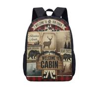 Sac à dos rustique imprimé ours cerf 43,2 cm vintage montagne forêt sac d'école pour enfants adolescents étudiants extérieur nature faune sauvage famille ours bienvenue dans notre cabane, 05, L