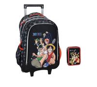 Sac à dos scolaire 0ne Piece noir rond 3 compartiments zip pour enfants primaire moyen + trousse 2 étages complet + porte-clés One complet et stylo multicolore