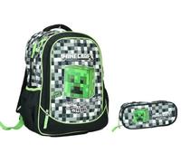 Sac à dos scolaire compatible avec Minecraft Pixel Crafting Since Alpha Rond 3 compartiments zippés pour enfants primaire moyenne + trousse ovale + kit stylos et porte-clés sifflet