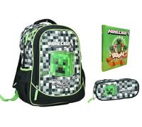 Sac à dos scolaire compatible avec Minecraft Pixel Crafting Since Alpha Rond 3 compartiments zippés pour enfants primaire moyenne + trousse ovale + agenda + kit stylos et porte-clés sifflet