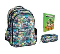 Sac à dos scolaire compatible avec Minecraft Pixel multicolore rond 3 compartiments zippés pour enfants primaire moyenne + trousse ovale + agenda + kit stylos et porte-clés sifflet