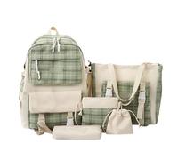 Sac à dos scolaire léger pour filles en toile japonaise à carreaux avec bandoulières doubles et organisation pratique (1-Green, One Size)