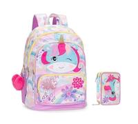 Sac à dos scolaire Mofu Mofu Licorne organisé rond pour filles + trousse 3 étages avec papeterie + 7 stylos effaçables et porte-clé pailettes