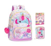 Sac à dos scolaire Mofu Mofu licorne organisé rond pour filles + trousse 3 étages avec papeterie + agenda 2025/2026 + 7 stylos effaçables et porte-clé pailettes