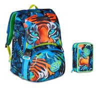 Sac à dos scolaire Sj Boy Air Tiger Tigre extensible par Seven pour enfant élémentaire + trousse 3 étages avec papeterie + 7 stylos à pression et porte-clé pailettes
