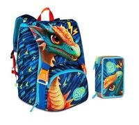Sac à dos scolaire Sj boy Dragon Glide Dragon ailé extensible par Seven pour enfant élémentaire + trousse 3 étages + 7 stylos à pression et porte-clé pailettes