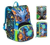 Sac à dos scolaire Sj boy Led Look Dragon extensible par Seven pour fille élémentaire + trousse 3 étages avec papeterie + agenda 2025/2026 + 7 stylos à pression et porte-clé sifflet