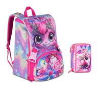 Sac à dos scolaire Sj Gang Cat Lady Gattina extensible par Seven pour fille élémentaire + trousse 3 étages + 7 stylos à pression et porte-clé pailettes