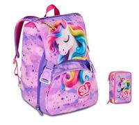 Sac à dos scolaire Sj Gang Fable Journey Licorne extensible By Seven pour fille élémentaire + Trousse 3 étages complète papeterie + 7 stylos à pression et porte-clé pailettes