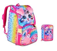 Sac à dos scolaire Sj Girl Cat & Air Chaton Tigré extensible par Seven pour fille élémentaire + Trousse 3 étages + 7 stylos à pression et porte-clé pailettes