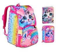 Sac à dos scolaire Sj Girl Cat & Air Chaton Tigré extensible par Seven pour fille élémentaire + trousse 3 étages + agenda 2025/2026 + 7 stylos à pression et porte-clé pailettes
