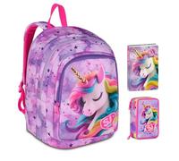 Sac à dos scolaire Sj girl Fable Journey Licorne ailée ADVANCED ronde par Seven pour fille élémentaire + trousse 3 étages + agenda 2025/2026 + 7 stylos à pression et porte-clé pailettes