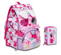 Sac à dos scolaire Sj girl Heart lolly extensible par Seven pour fille élémentaire + trousse 3 étages complète papeterie + 7 stylos à pression et porte-clé pailettes