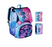 Sac à dos scolaire Stitch Cute and Fluffy étreinte extensible par Seven pour fille élémentaire + trousse 3 étages + agenda 2025/2026 + 7 stylos à pression et porte-clé pailettes