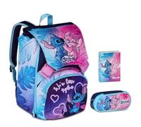 Sac à dos scolaire Stitch Cute and Fluffy étreinte extensible par Seven pour fille élémentaire + trousse zip ovale + agenda 2025/2025 + 7 stylos effaçables et porte-clé pailettes