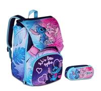 Sac à dos scolaire Stitch Cute and Fluffy étreinte extensible par Seven pour fille élémentaire + trousse zip ovale + 7 stylos effaçables et porte-clé pailettes