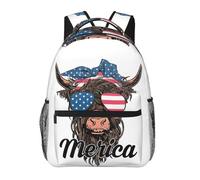 Sac à Dos Scolaire Unisex Sac de Livre d'école Vache des Highlands Drapeau américain Porter des lunettes Léger Cartable Scolaire pour Maternelle Cadeaux Outdoor 29X40cm