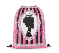Sac À Dos Silhouette De Princesse, Imprimé Dentelle À Rayures Géométriques Roses Et Noires, Style Dessin Animé Onirique Sacs À Cordon Pliable Gym Sack Résistant Sac De Sport pour Voyage Fête