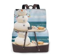 Sac à dos tendance en cuir PU avec motif bonhomme de neige et coquillages assis sur une plage de sable - Sac à dos de voyage imperméable avec rabat, Noir , Taille unique
