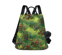 Sac à dos tendance pour femme avec motif de feuilles vertes et pomme - Fermeture éclair dans le dos - Poignée en cuir - Breloque pompon