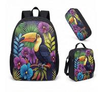 Sac à Dos Toucan Tropical avec Sac à Lunch et Trousse - Ensemble Scolaire Motif Jungle Vibrant - 3 en 1 Pour Étudiants