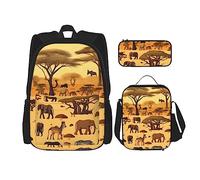 Sac à dos + trousse à crayons/pochette + sac à déjeuner, sac d'école, cartable pour filles, garçons, enfants, étudiants, léger, durable, animaux de prairie africaine, Noir , taille unique
