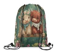 Sac À Dos Vache De Ferme, Vache des Highlands, Vache Fleurie, Animal De Dessin Animé Western Sac De Sport Pliable Sacs À Cordon Résistant Gym Sack pour Fête Camping Voyage