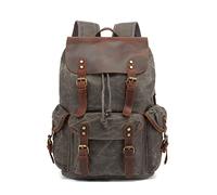 Sac à dos Vintage Homme, Mens Cire Toile Sac à Dos en Cuir Sac à Dos pour Les Hommes en Cire Sacs à Dos en Cuir Voyage Vintage Bookbag avec Compartiment pour Ordinateur Portable Rustic Large,Gris