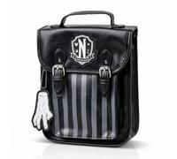 Sac à dos Wednesday Addams Nevermore Academy - Noir, gris - Garçons et adultes - Blason, pendentif main, Thing - Similicuir, bandoulière réglable, boucles métalliques - 29 × 22 × 9 cm - Produit