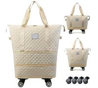 Sac à Duffle Roulant avec Roues et poignée, Sac à Bagages Pliables Extensible, Sac Roulant de séparation Sec et Humide, Baguette à Fermeture éclair pour Gymnase, Camping, Beige de Voyage, Sac de voya