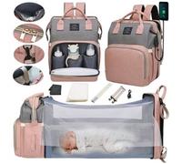 Sac à Langer avec Lit Pliable - Grande Capacité - Isotherme - Imperméable - Sec et Humide - Accrochable Poussette - Rose Gris
