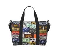 Sac à main à bandoulière avec fermeture éclair pour week-end et shopping Motif plaque d'immatriculation, Noir , Taille unique, Sac de voyage