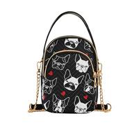 Sac à main à bandoulière simple pour femme - Chaîne décorative - Portefeuille pour téléphone portable - Sac fourre-tout matelassé pour femme - Cartable Frenchie Faces - Noir