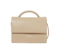 Sac à main beige uni lisse avec le nom de la marque et une petite anse