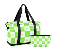 Sac à main de voyage vert à carreaux Buffalo avec cœur et sac de voyage avec trousse de toilette pour entraînement de grande capacité, Motif carreaux de buffle/cœur Vert, 1 size