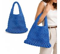 Sac à main en crochet pour femme en maille de coton Sac de transport Sac | Texture quadrillée nouée, corde en coton légère, tissu tricoté doux et pliable