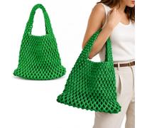 Sac à main en crochet pour femme en maille de coton Sac de transport Sac | Texture quadrillée nouée, corde en coton légère, tissu tricoté doux et pliable
