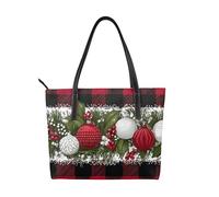 Sac à main en cuir végétalien avec boule de Noël pour femme, sac fourre-tout à carreaux de buffle rouge avec poignée sur le dessus, grand sac à bandoulière pour le quotidien, le travail, les voyages