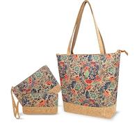 Sac à main en liège 3 pièces : sac fourre-tout végétalien XL + trousse de maquillage avec sangle de poignet + porte-monnaie, sac durable en cuir de liège pour femme avec bandoulière réglable Grand