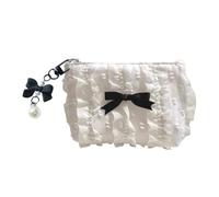 Sac à main en toile unique avec fermeture éclair et nœuds en dentelle - Petit portefeuille élégant et créatif - Rangement de maquillage, blanc