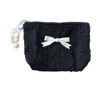 Sac à main en toile unique avec fermeture éclair et nœuds en dentelle - Petit portefeuille élégant et créatif - Rangement de maquillage, Noir