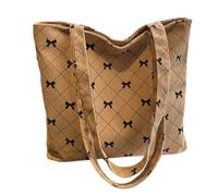 Sac à main esthétique en velours côtelé avec nœud imprimé grande capacité pour les voyages décontractés et le shopping, Brun, Bohème