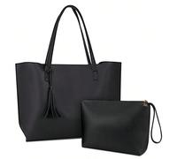 Sac a Main Femme Cabas Femme Grande Capacité en PU Sac Fourre Tout Gland Sacs Cours Lycee Tote Bag de Bandoulière Imperméable 2Pcs Set Noir Matériau de Qualité Supérieure - Le cabas femme NUBILY est f