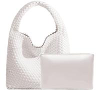 Sac à main fourre-tout en cuir synthétique tissé à la main avec poignée sur le dessus et pochette, tendance, se porte à l’épaule, s’assortit avec tout, Blanc crémeux, Large