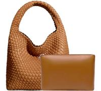 Sac à main fourre-tout en cuir synthétique tissé à la main avec poignée sur le dessus et pochette, tendance, se porte à l’épaule, s’assortit avec tout, caramel