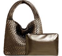 Sac à main fourre-tout en cuir synthétique tissé à la main avec poignée sur le dessus et pochette, tendance, se porte à l’épaule, s’assortit avec tout, bronze