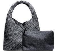 Sac à main fourre-tout en cuir synthétique tissé à la main avec poignée sur le dessus et pochette, tendance, se porte à l’épaule, s’assortit avec tout, Noir denim