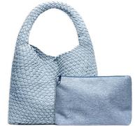 Sac à main fourre-tout en cuir synthétique tissé à la main avec poignée sur le dessus et pochette, tendance, se porte à l’épaule, s’assortit avec tout, Bleu denim clair