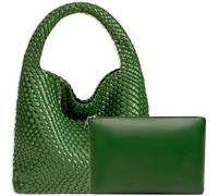 Sac à main fourre-tout en cuir synthétique tissé à la main avec poignée sur le dessus et pochette, tendance, se porte à l’épaule, s’assortit avec tout, Vert fluo